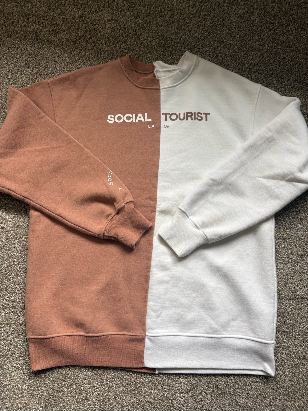 Social Tourist Split-Tone Crewneck Sweater - Brown & White